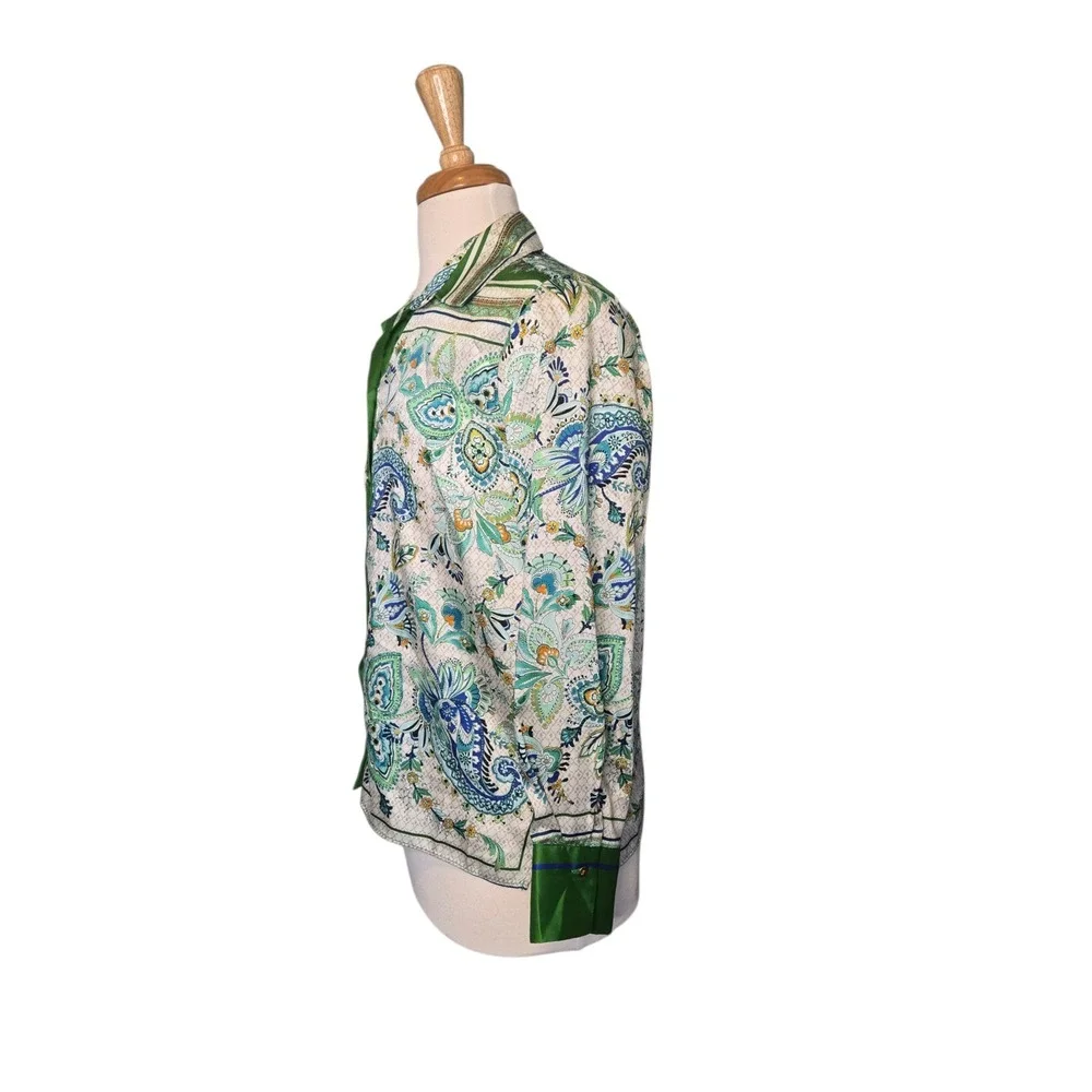 Zara Italian Coastal Scarf Print Satin Blouse Made in Spain Green Paisley Size L - Picture 2 of 7